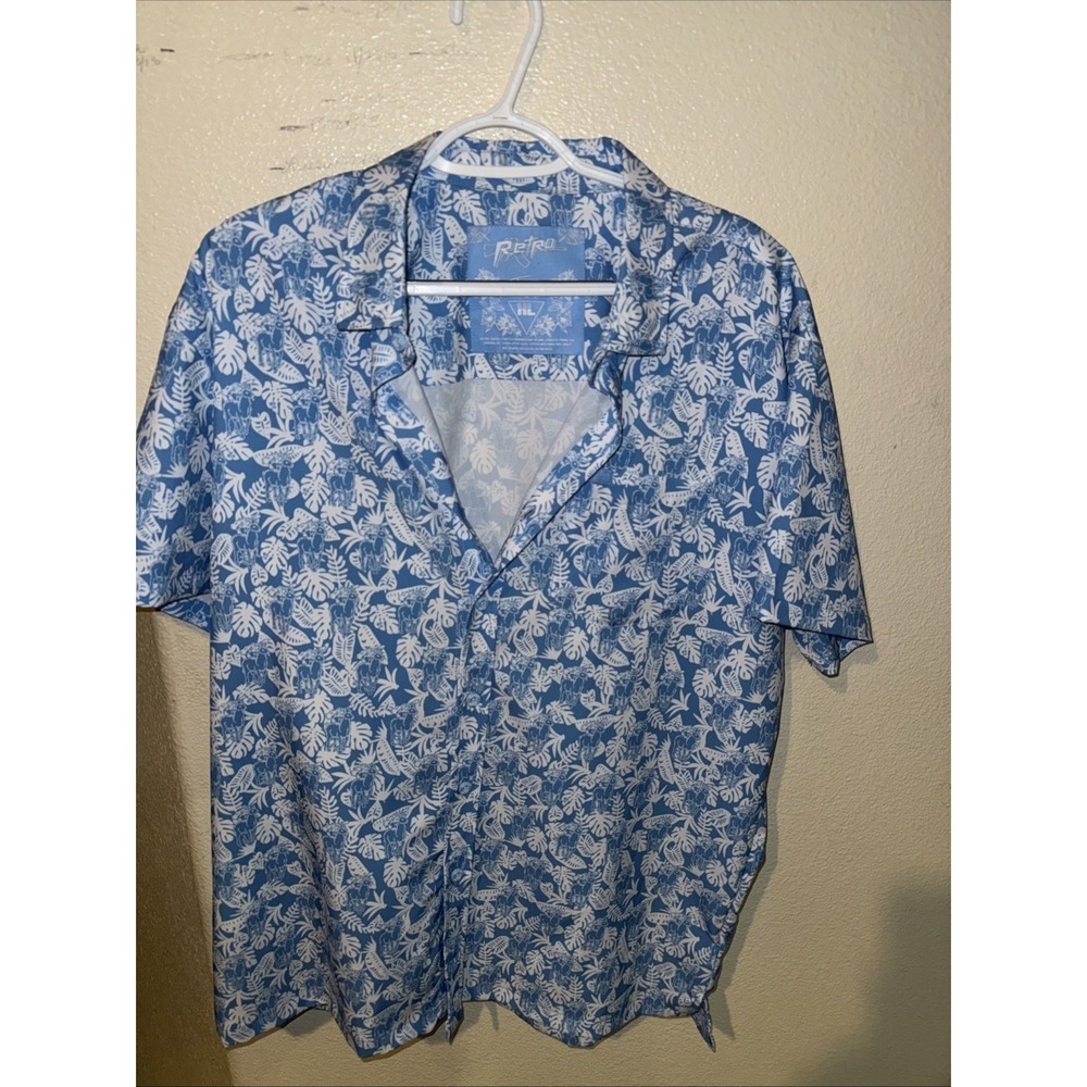 Retro Rifle Button Up Shirt Extra Large Adult Blue Short Sleeve Hawaiian Mens